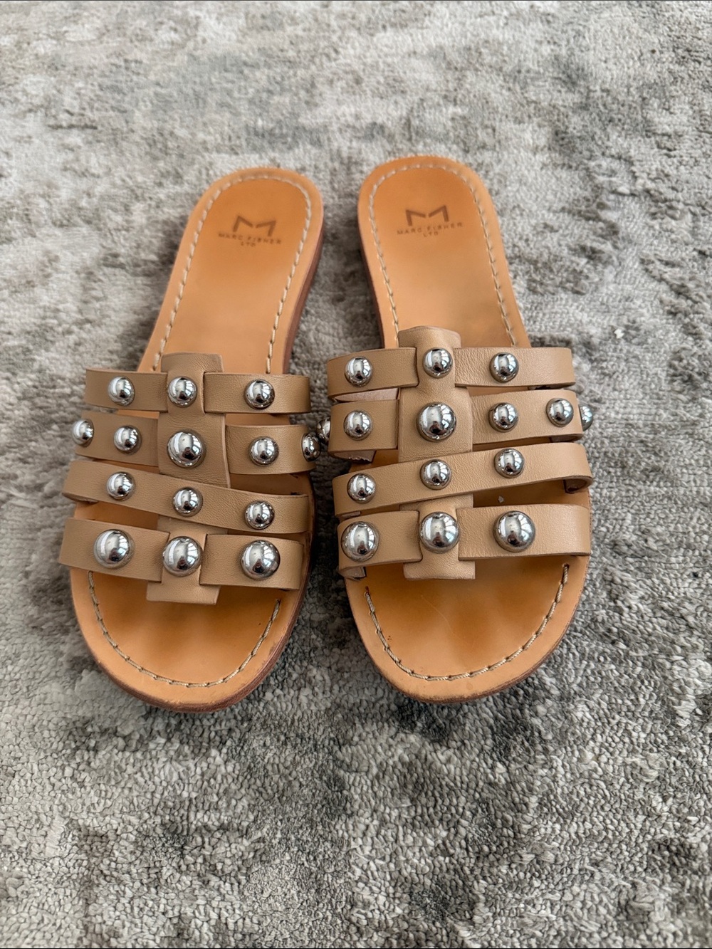 Marc Fisher Tan Leather Stud-Accent Slide Sandals